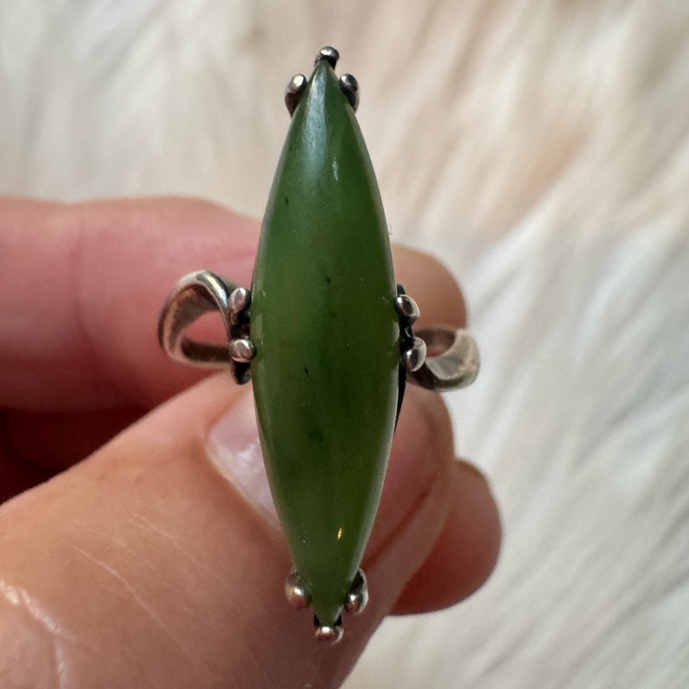 Rare Antique Nephrite Jade Sterling Ring Vintage Art Deco Victorian Edwardian